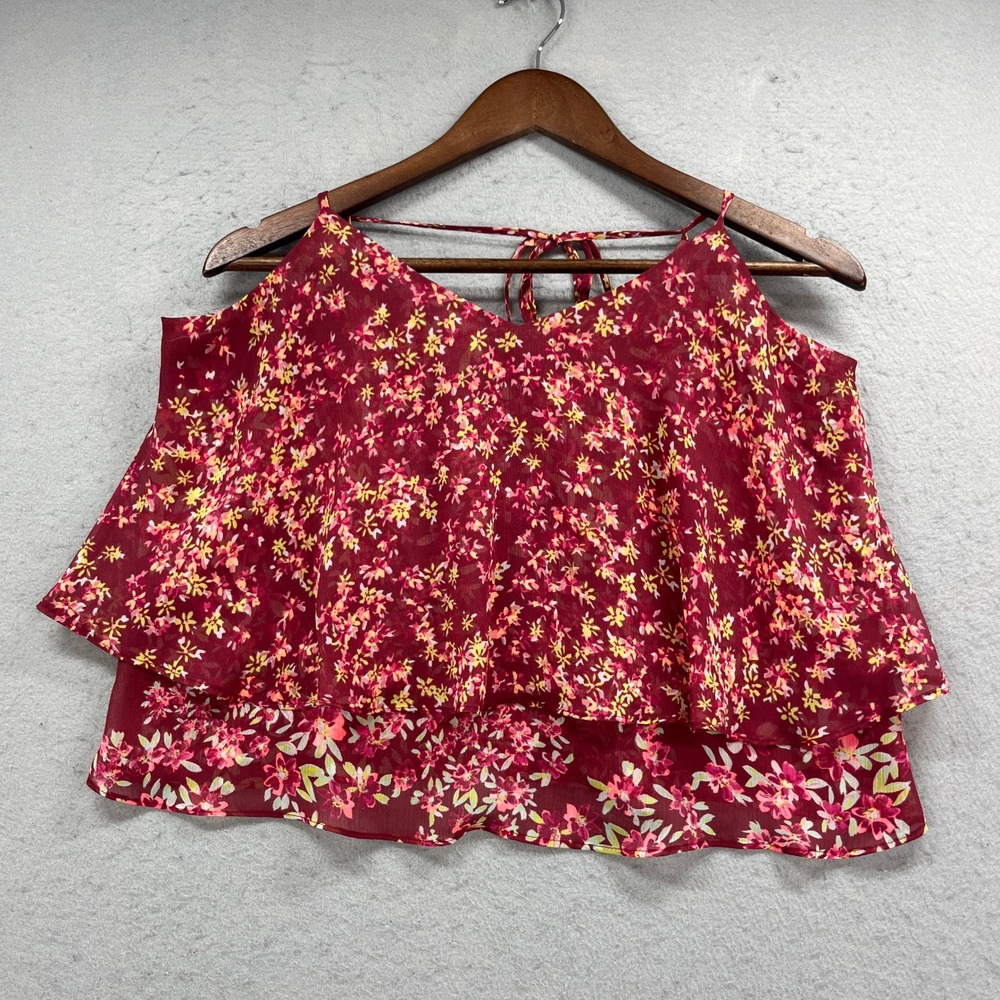 Express Halter Tank Top Womens Medium Red Floral Tiered Chiffon Boho Summer Cami